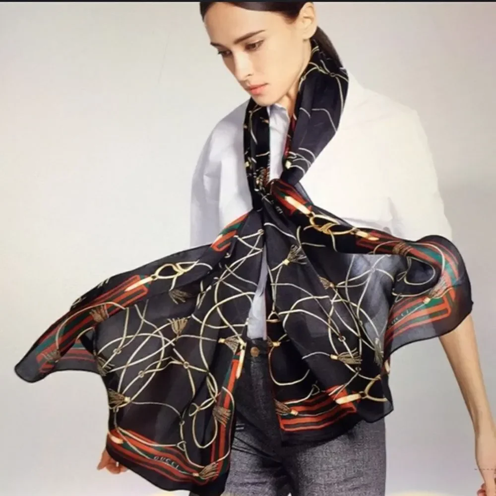 Elegant Tassel & Buckle Print Lightweight Rectangle Scarf